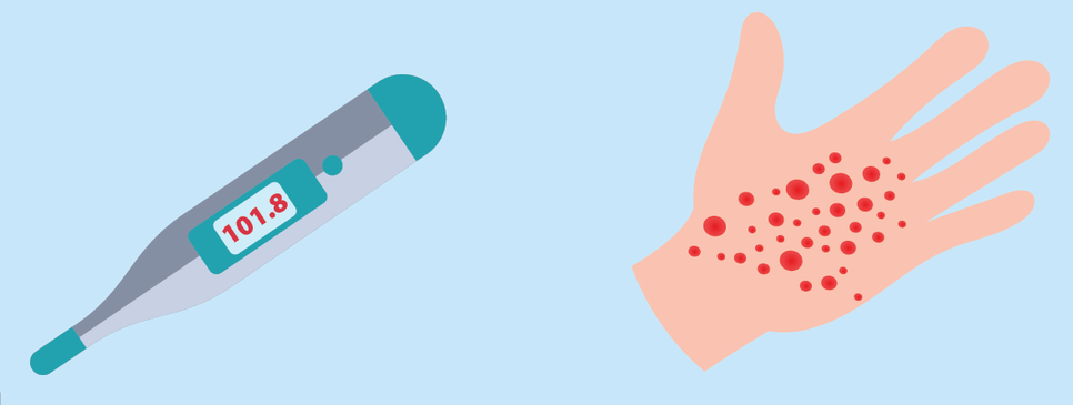 Cartoon depictions of a thermostat and hand with red dots