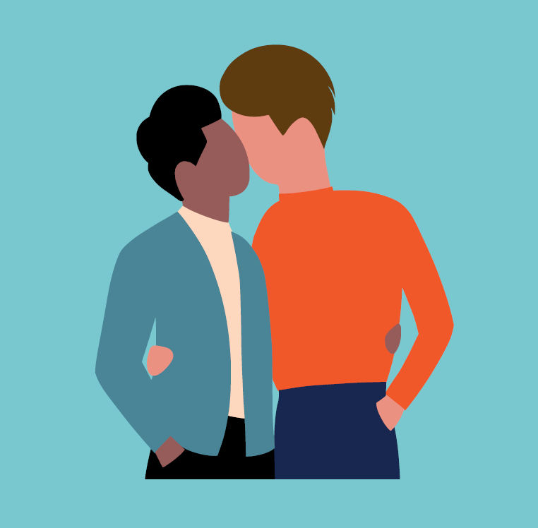 Cartoon depiction of two men embracing each other. 
