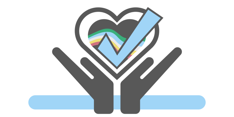 Helping Hands Holding Heart with DD colors and Checkmark indicating approved