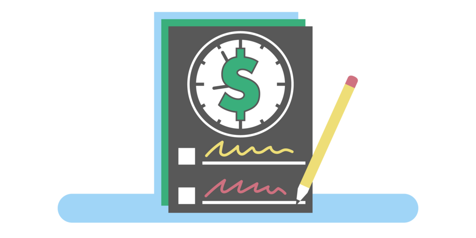 Timesheet icon with clock, dollar sign and signatures