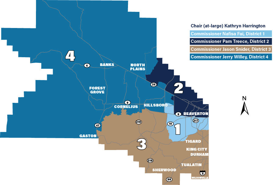 Map of the four Washington County Board member districts. 