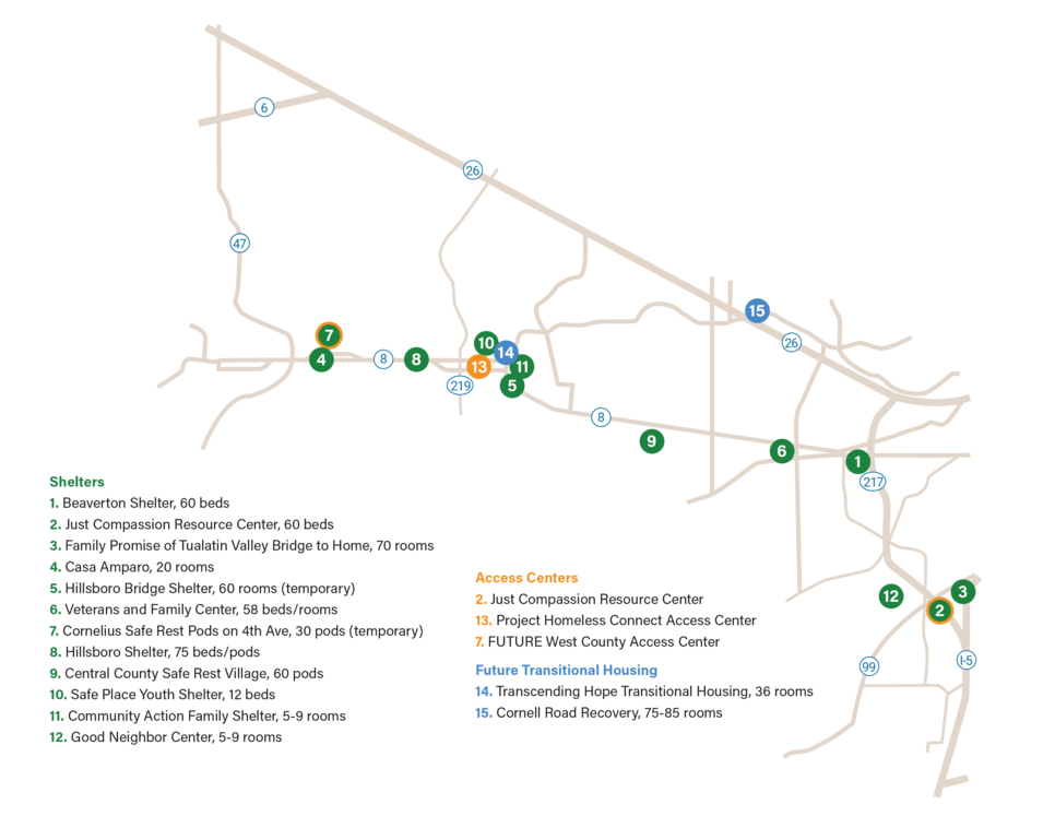 Map of shelter, access centers and transitional housing locations in Washington County