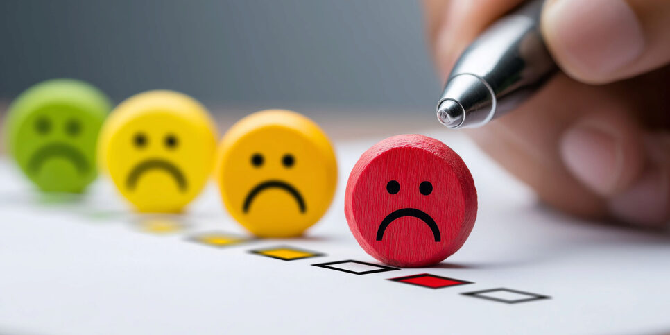 four color circles with sad faces on them