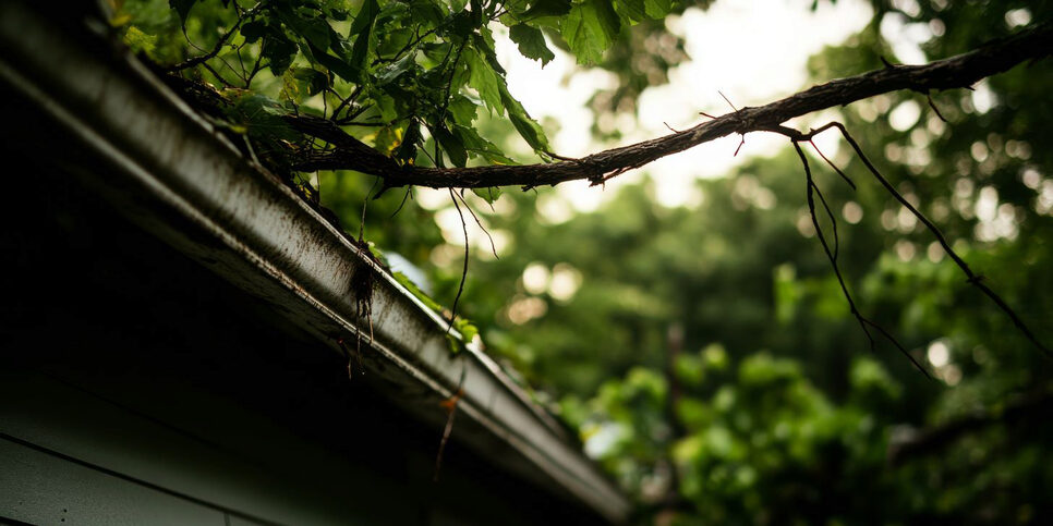 A tree limb hangs over a roof and gutter