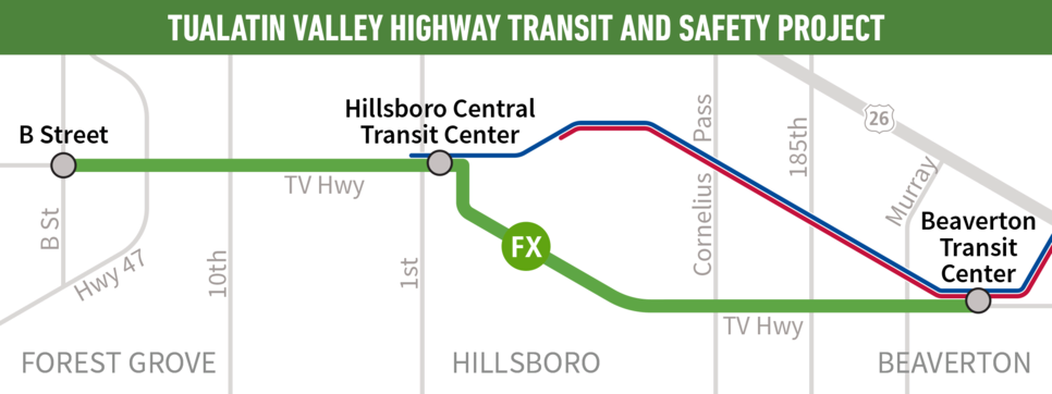 Map of new fx bus service along TV Hwy