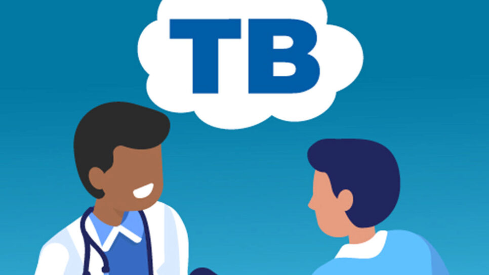 A vector graphic of a doctor talking with a patient, with the letters 'TB' above them in a thought bubble