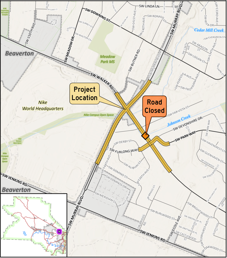 Location map for Walker Road and Murray Boulevard intersection project with road closure location east of the intersection