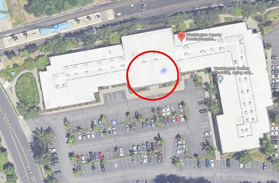 Satellite image of DD Office next to Hawthorn Farms Trimet Max stop and NE Elam Young Parkway entrance.