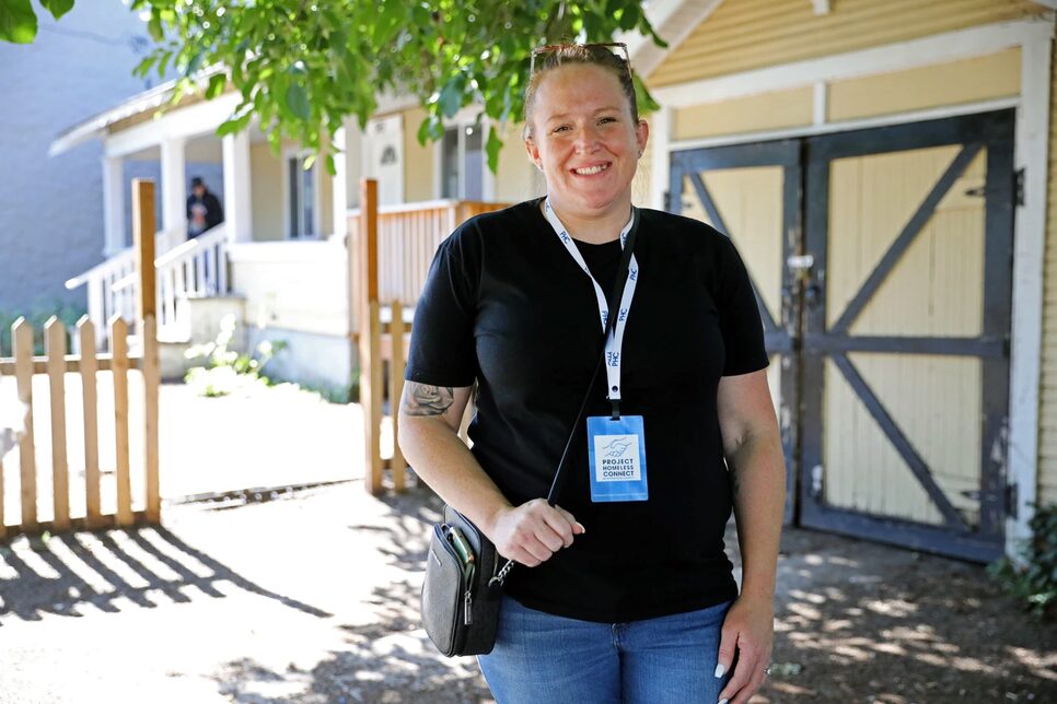 Andrea, a new member of the outreach team, in front of Project Homeless Connect’s Access Center in Downton Hillsboro.