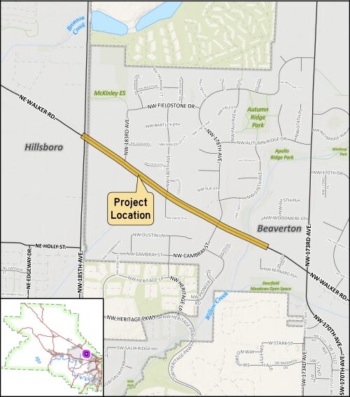 Walker Road Phase 3 location map highlighting the street between 173rd and 185th avenues