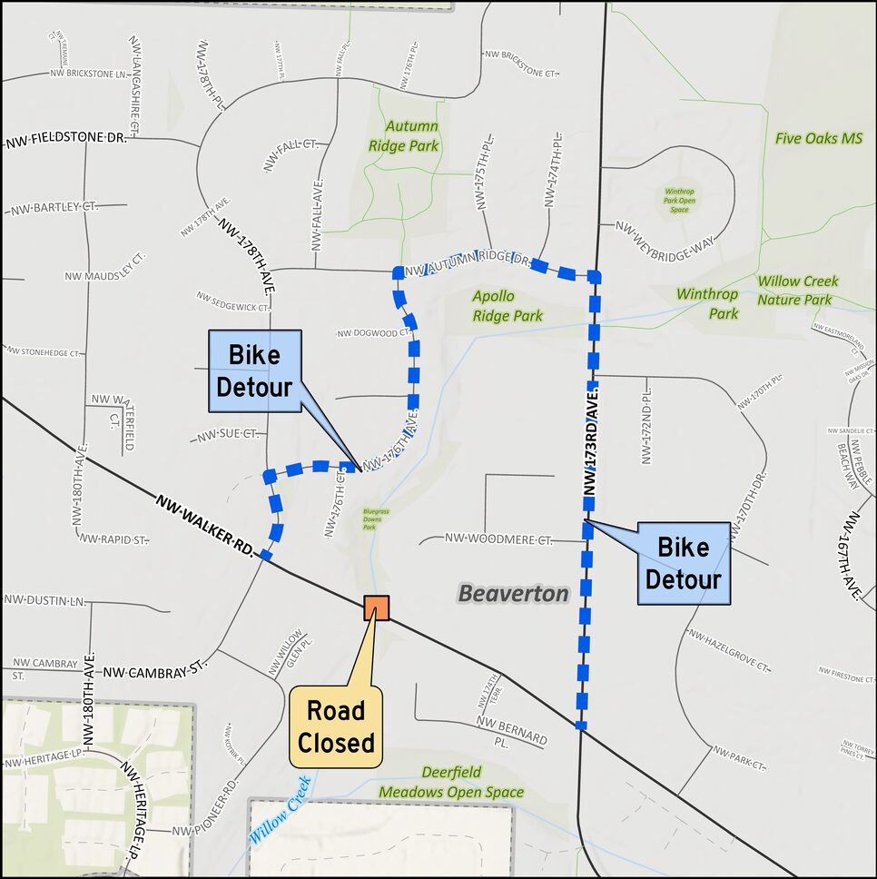 Walker Road Phase 3 closure at Willow Creek bike detour map