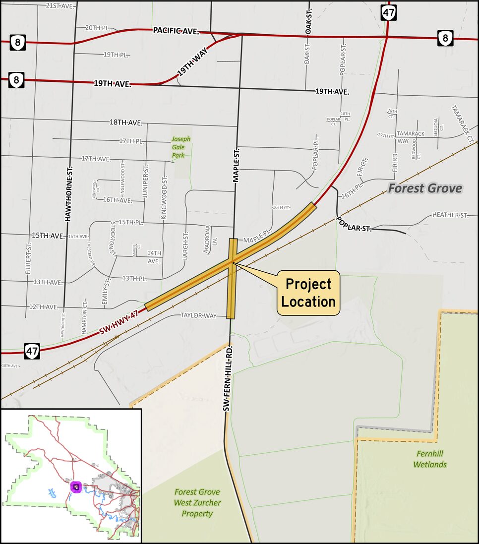 Location map Highway 47, Fern Hill Road and Maple Street in south-central part of the county