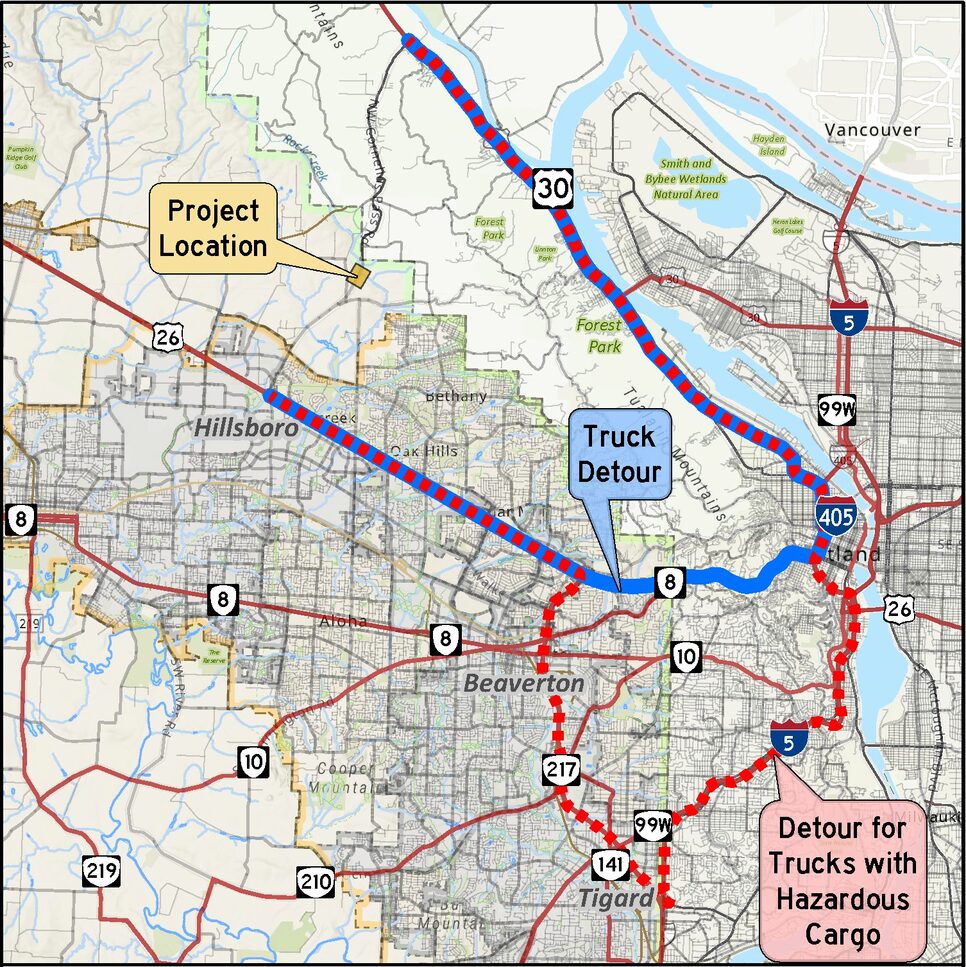 Cornelius Pass Road at Rock Creek truck detour map