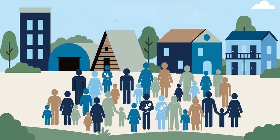 A group of diverse people standing in front of different types of housing.