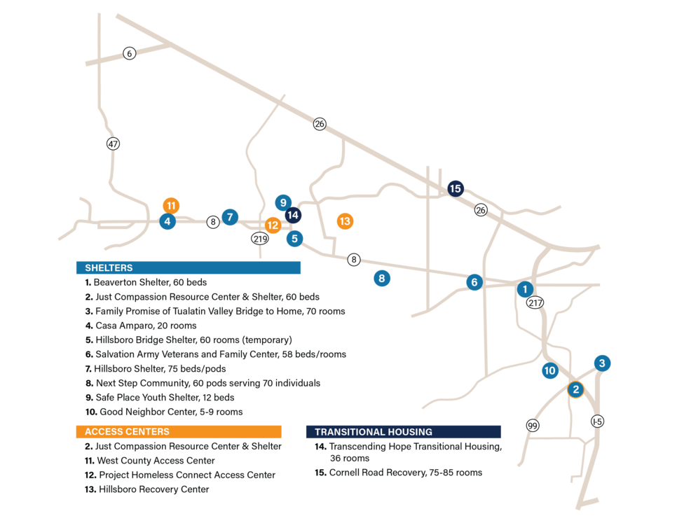Map of shelter, access centers and transitional housing locations in Washington County