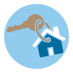 An icon of a blue house on and beige keychain with a key