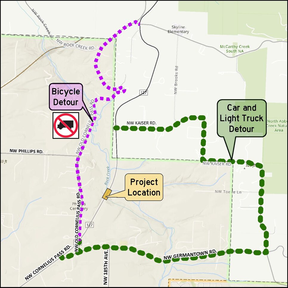 Cornelius Pass Road at Rock Creek bike and vehicle detour map. No Trucks