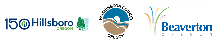 A banner with the 150 year Hillsboro celebration logo, Washington County logo, and City of Beaverton logo