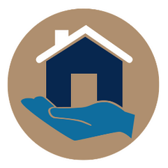 An icon of a blue hand supporting an indigo home