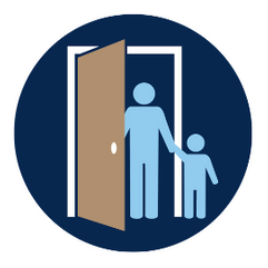 An icon of a parent and child in a doorway