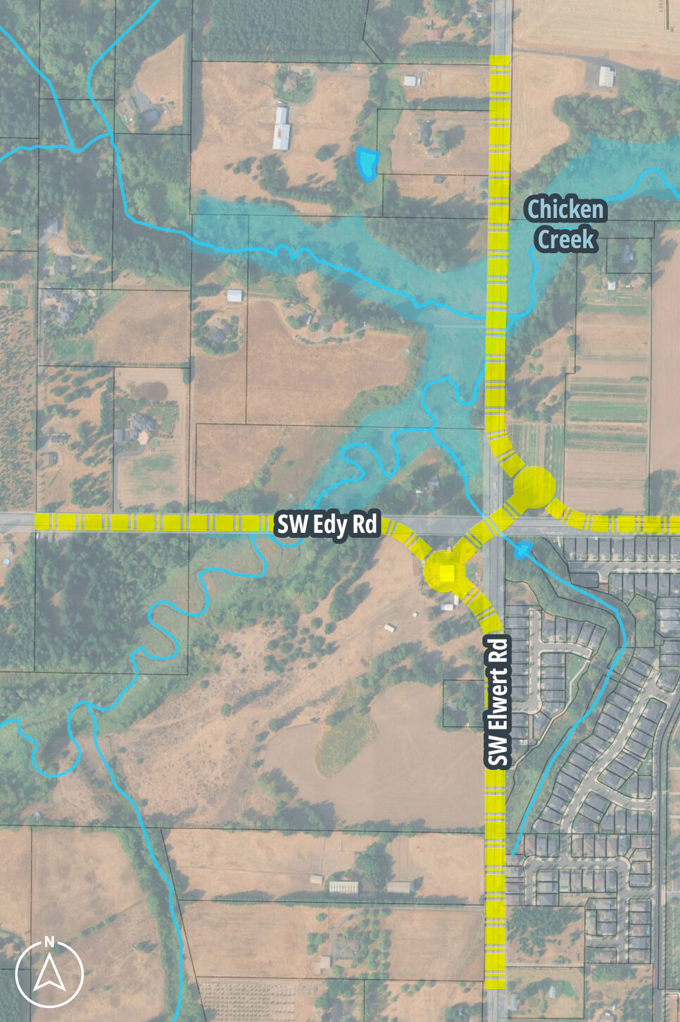 Alternative 3 uses two roundabouts; one to the NE and the other to the SE of the Elwert and Edy road intersection
