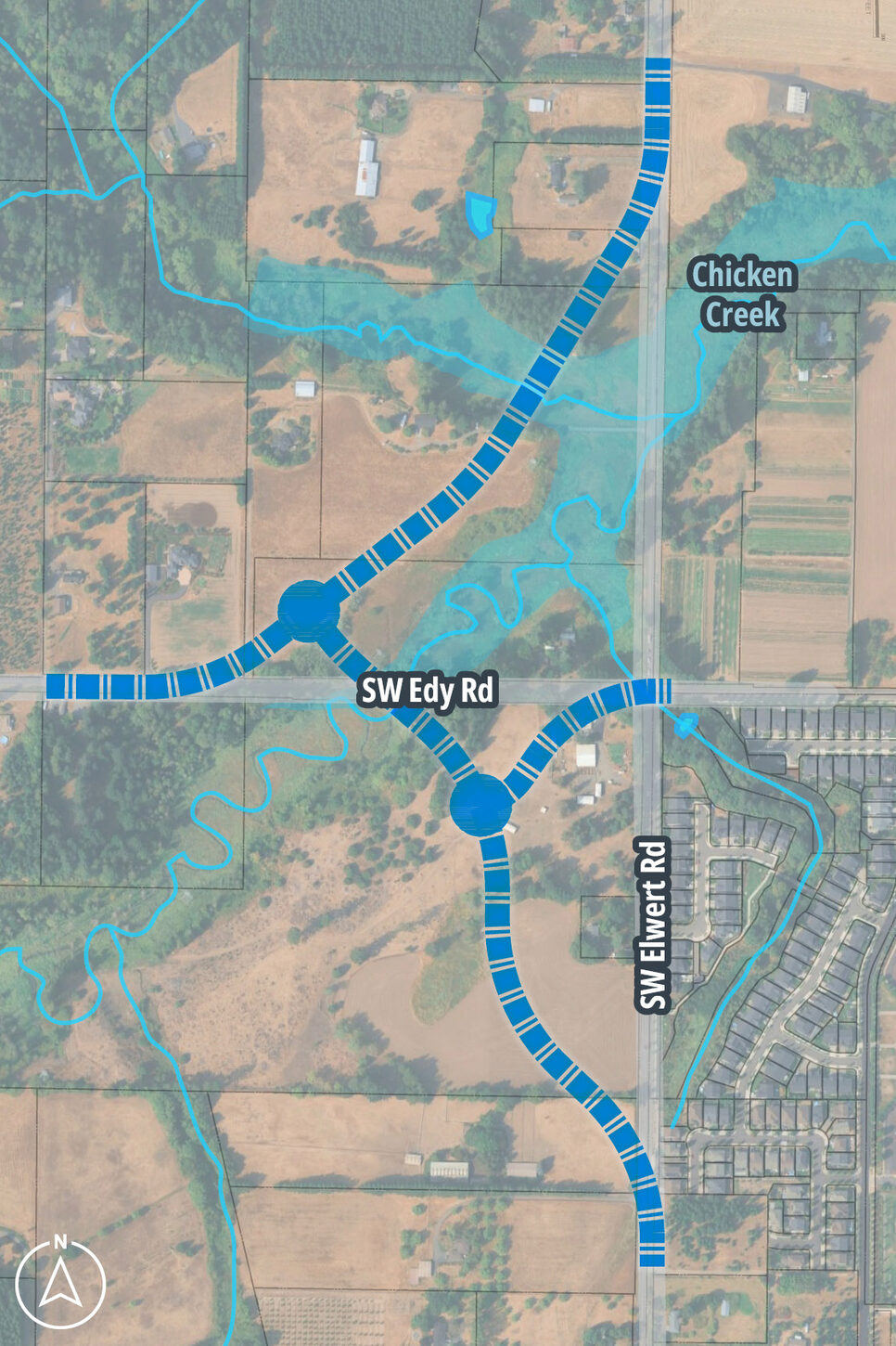 Alignment of Elwert road using two roundabouts; most resembles original Sherwood Concept Plan proposal
