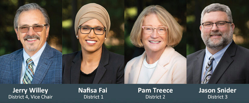 Portraits of Vice Chair and District 4 Commissioner Jerry Willey, District 1 Commissioner Nafisa Fai, District 2 Commissioner Pam Treece and District 3 Commissioner Jason Snider.